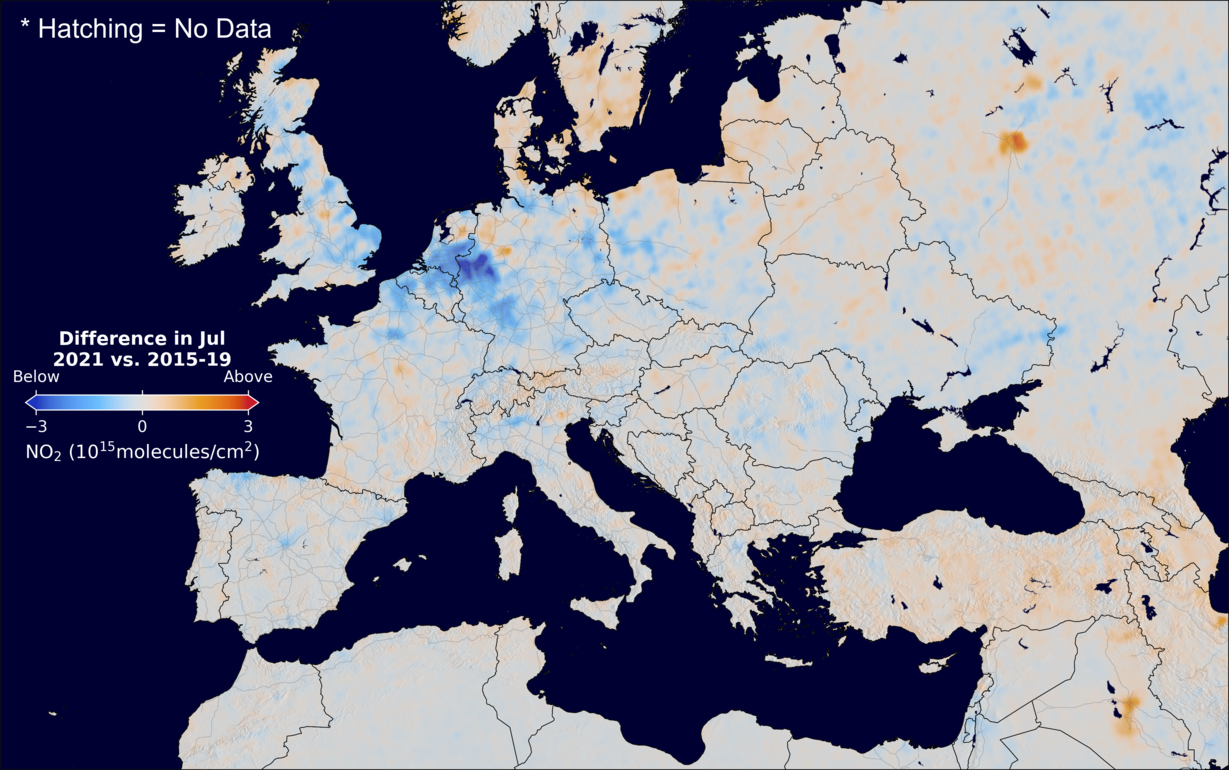 The average minus the baseline nitrogen dioxide image over Europe for July 2021.