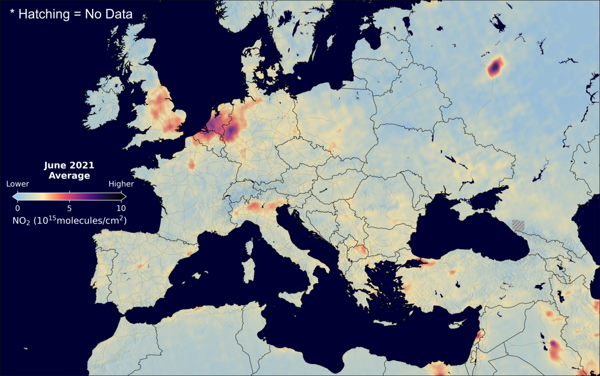 An average nitrogen dioxide image over Europe for June 2021.