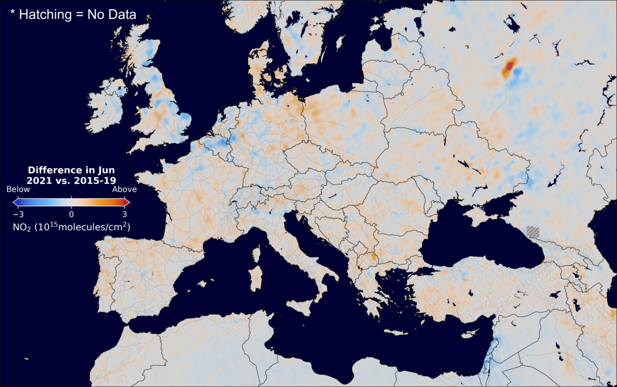 The average minus the baseline nitrogen dioxide image over Europe for June 2021.