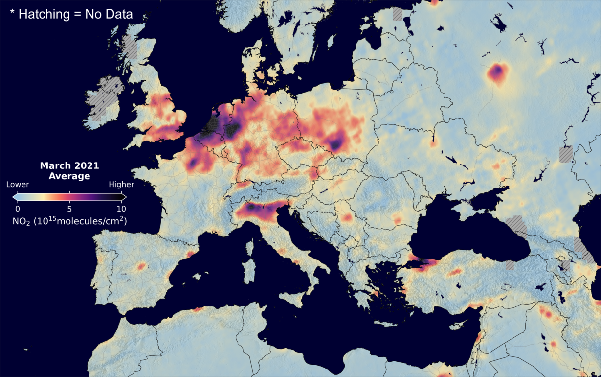 An average nitrogen dioxide image over Europe for March 2021.