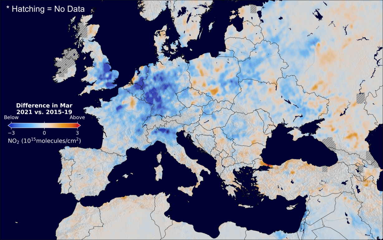 The average minus the baseline nitrogen dioxide image over Europe for March 2021.