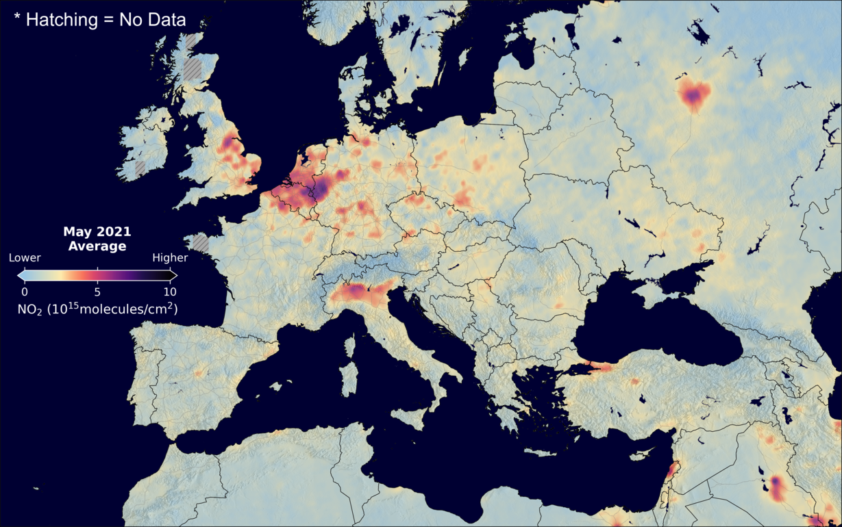 An average nitrogen dioxide image over Europe for May 2021.
