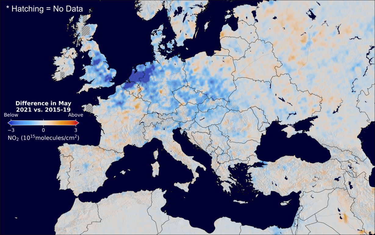 The average minus the baseline nitrogen dioxide image over Europe for May 2021.