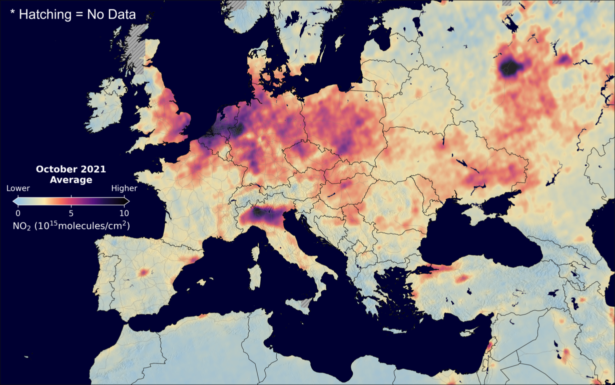 An average nitrogen dioxide image over Europe for October 2021.