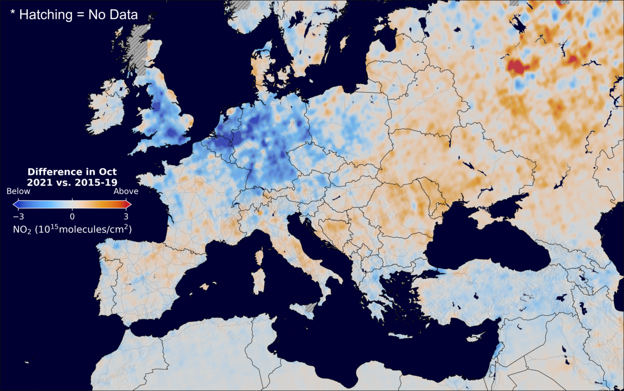 The average minus the baseline nitrogen dioxide image over Europe for October 2021.