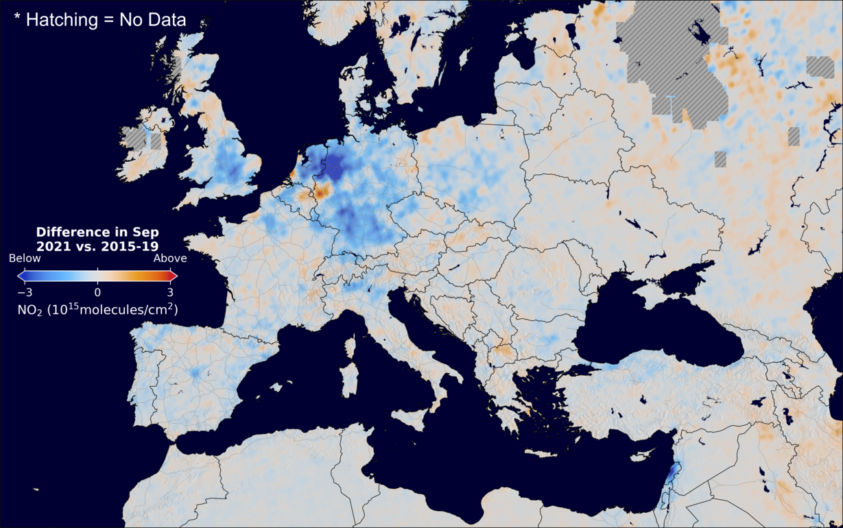 The average minus the baseline nitrogen dioxide image over Europe for September 2021.