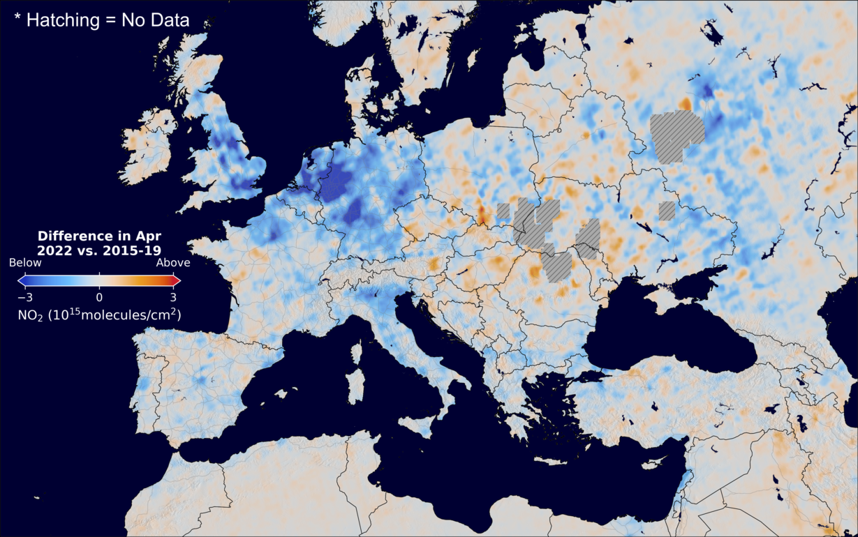 The average minus the baseline nitrogen dioxide image over Europe for April 2022.
