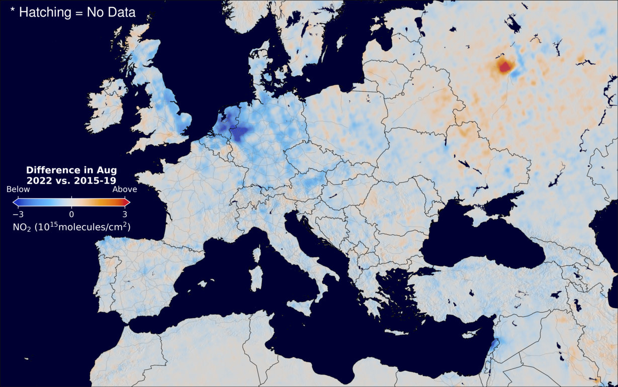 The average minus the baseline nitrogen dioxide image over Europe for August 2022.