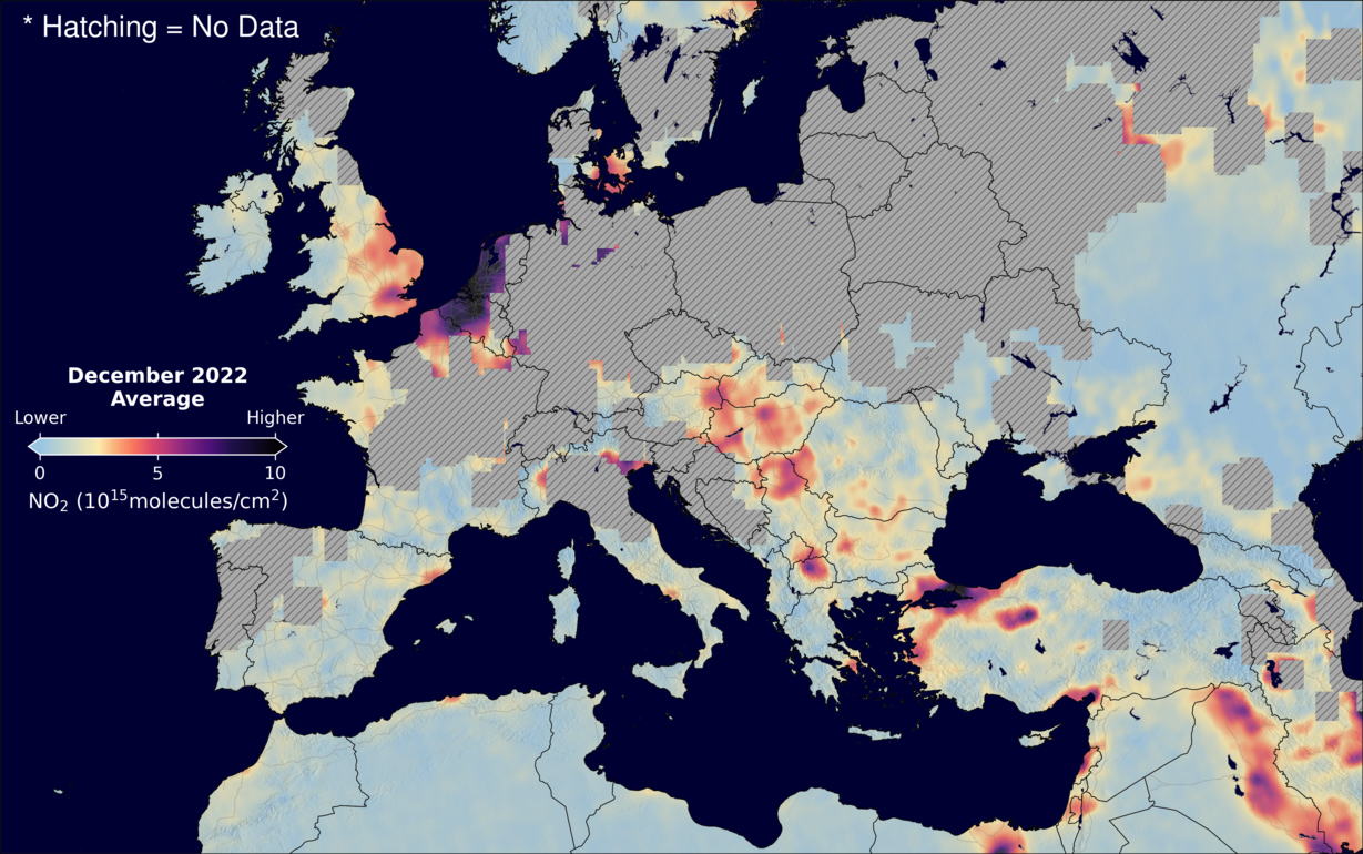 An average nitrogen dioxide image over Europe for December 2022.