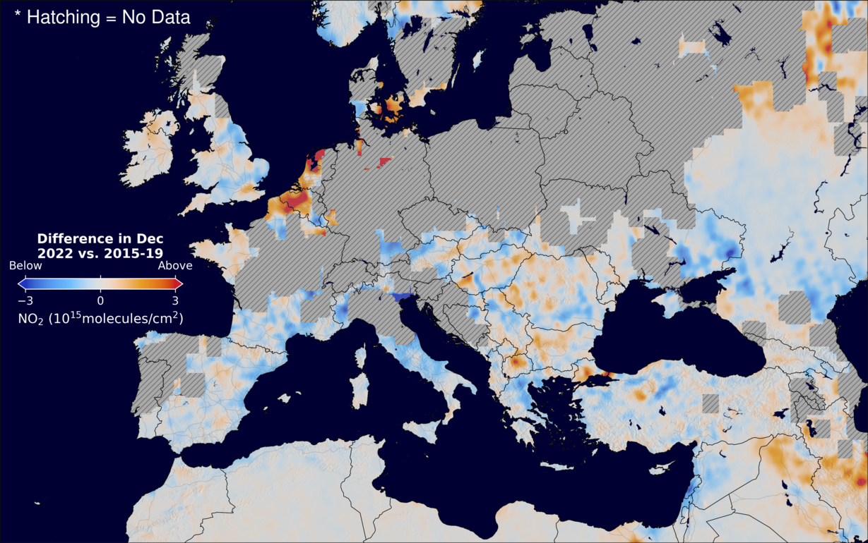 The average minus the baseline nitrogen dioxide image over Europe for December 2022.