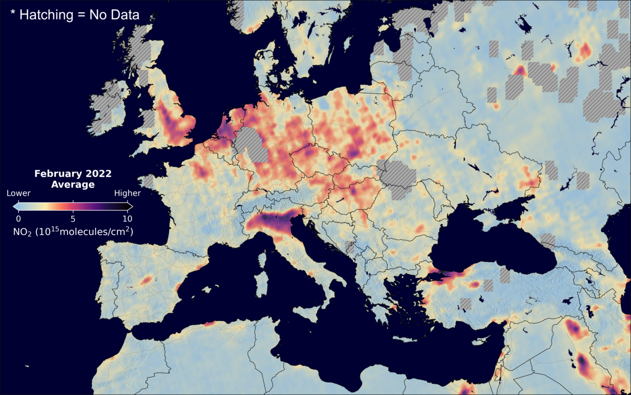 An average nitrogen dioxide image over Europe for February 2022.