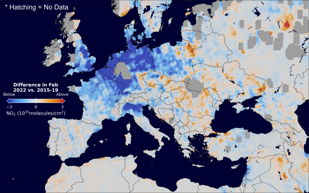 The average minus the baseline nitrogen dioxide image over Europe for February 2022.