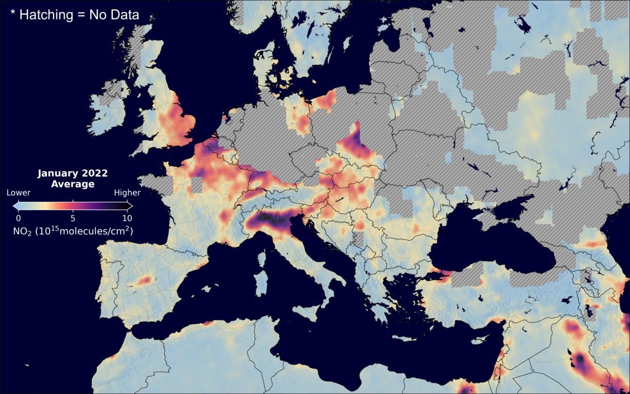 An average nitrogen dioxide image over Europe for January 2022.