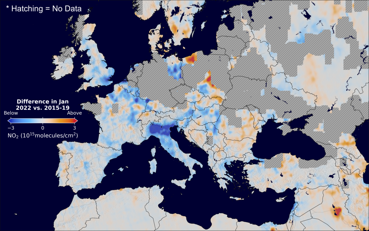 The average minus the baseline nitrogen dioxide image over Europe for January 2022.