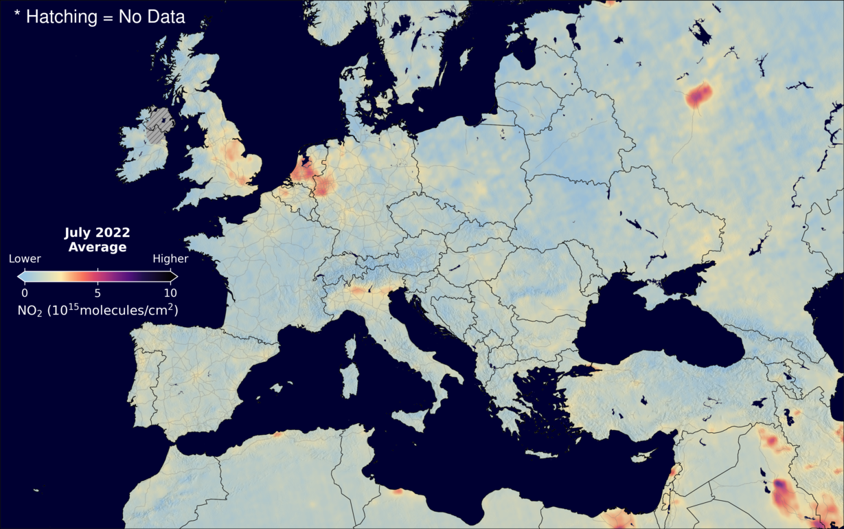 An average nitrogen dioxide image over Europe for July 2022.