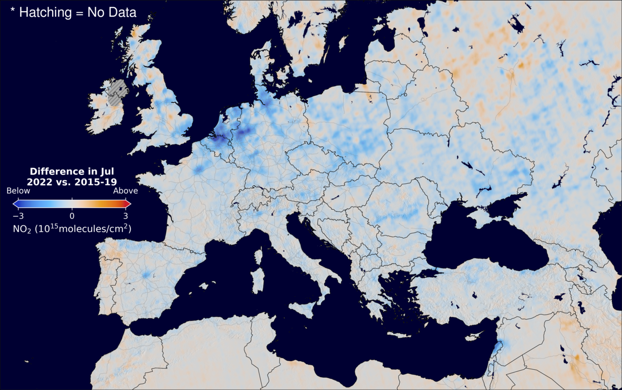 The average minus the baseline nitrogen dioxide image over Europe for July 2022.
