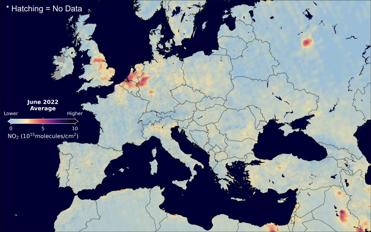 An average nitrogen dioxide image over Europe for June 2022.
