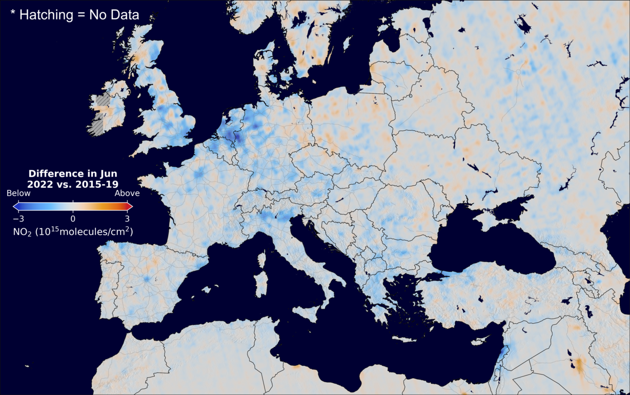 The average minus the baseline nitrogen dioxide image over Europe for June 2022.