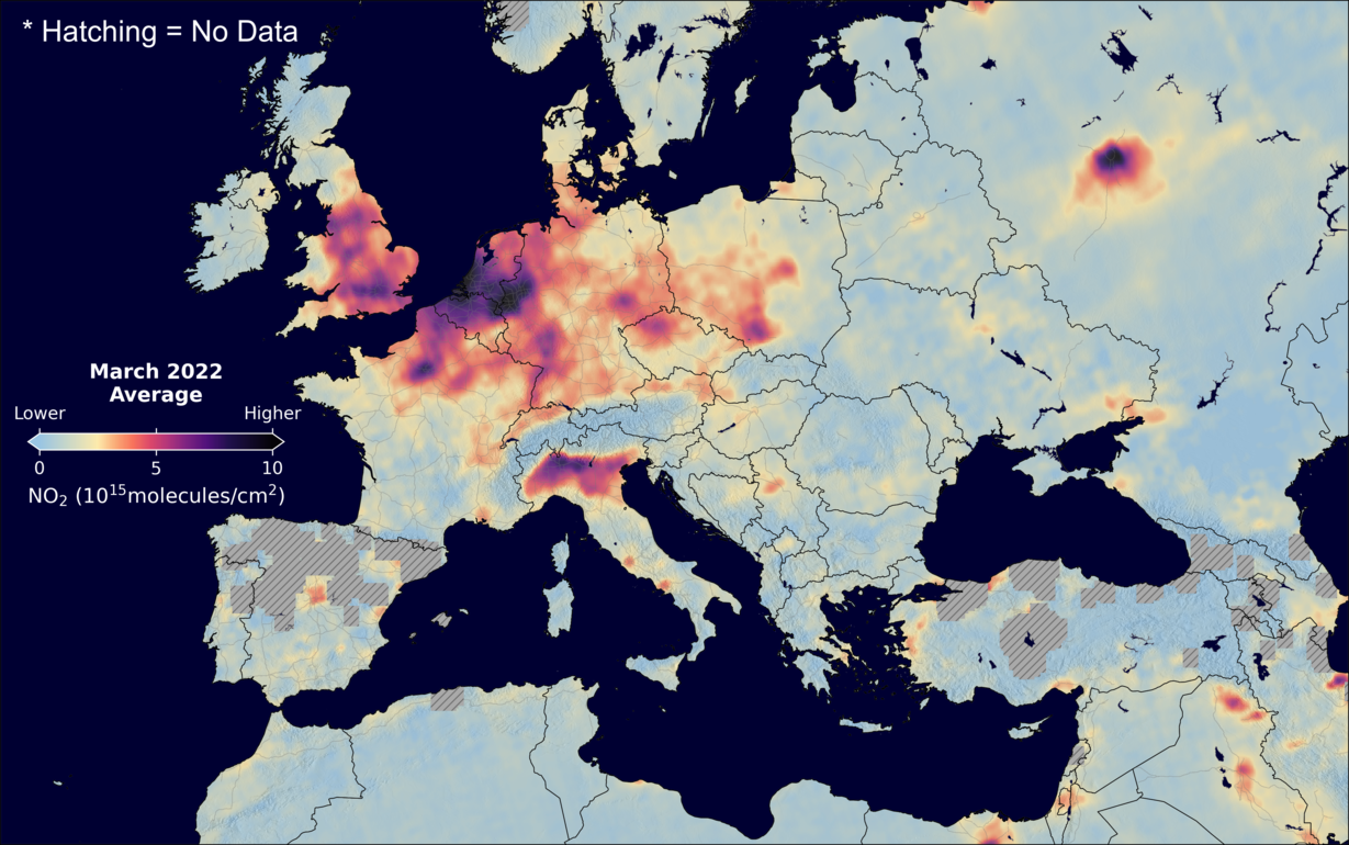 An average nitrogen dioxide image over Europe for March 2022.