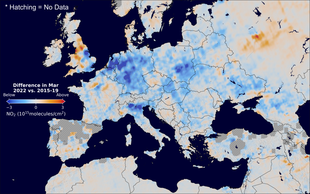 The average minus the baseline nitrogen dioxide image over Europe for March 2022.