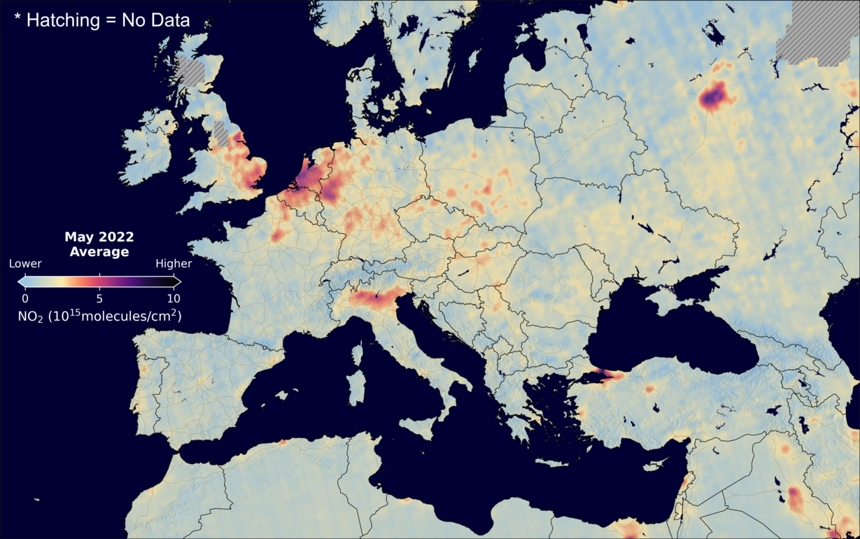 An average nitrogen dioxide image over Europe for May 2022.