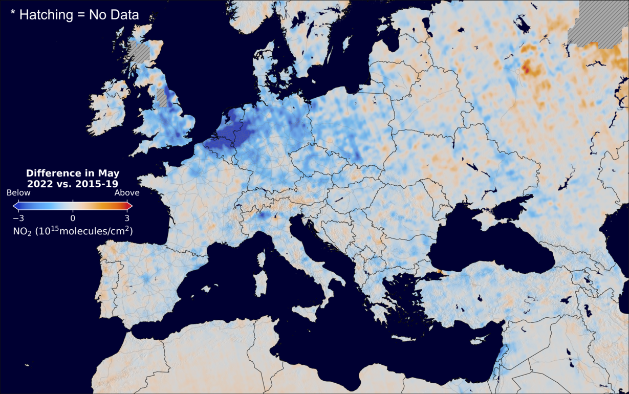 The average minus the baseline nitrogen dioxide image over Europe for May 2022.