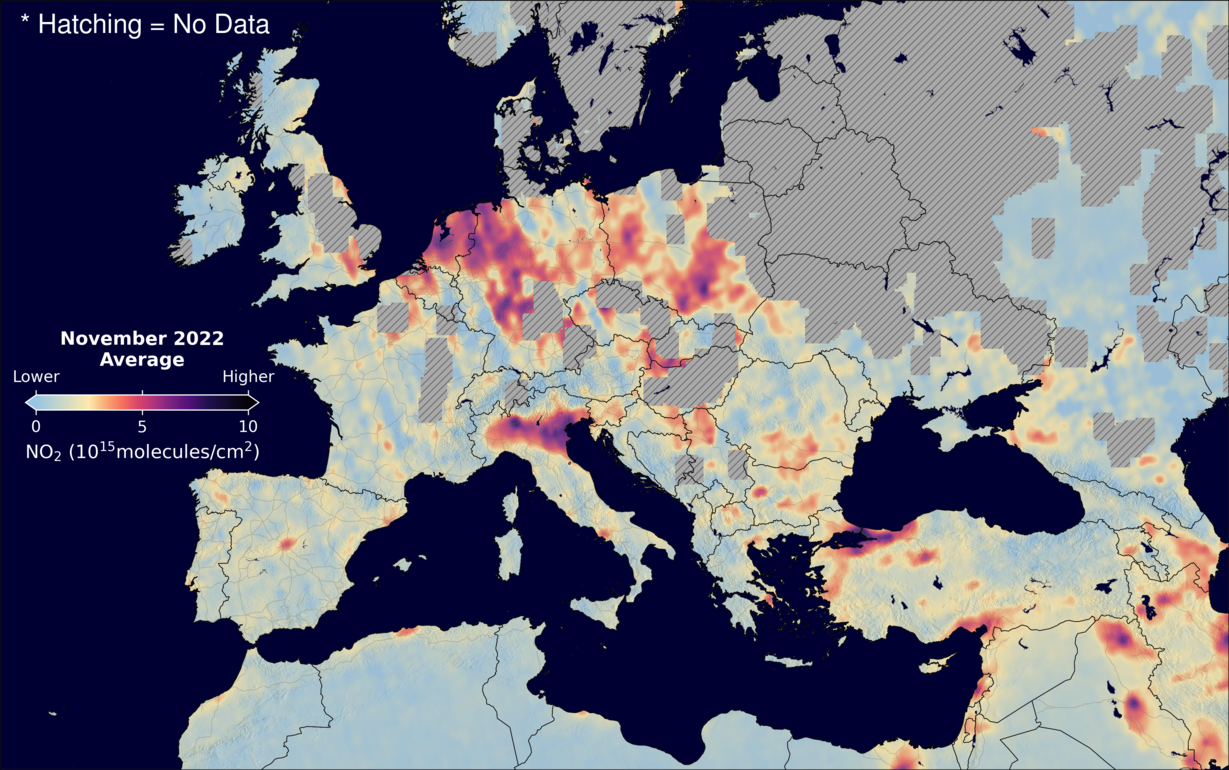 An average nitrogen dioxide image over Europe for November 2022.