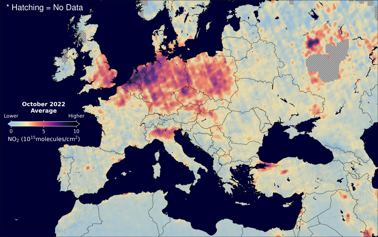 An average nitrogen dioxide image over Europe for October 2022.