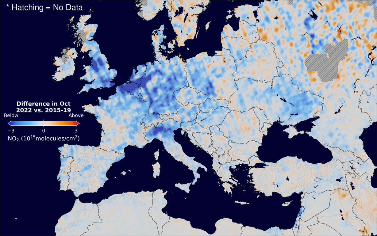The average minus the baseline nitrogen dioxide image over Europe for October 2022.