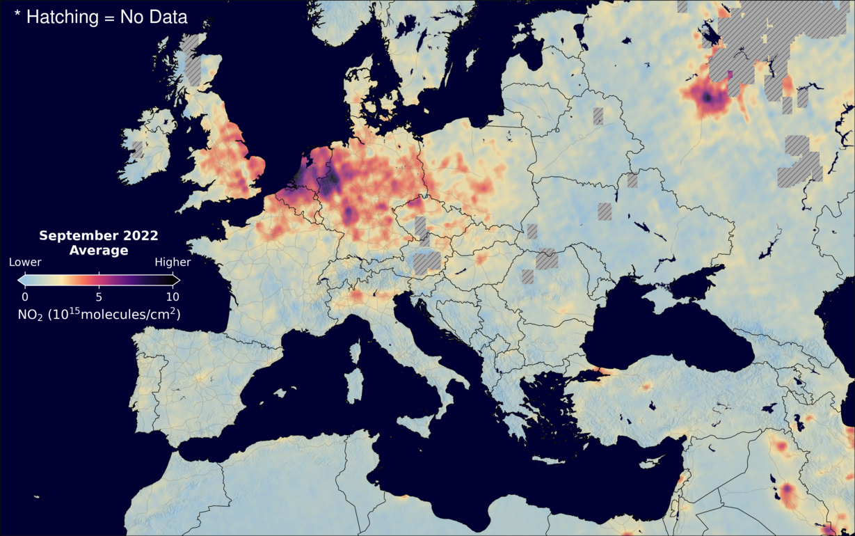 An average nitrogen dioxide image over Europe for September 2022.