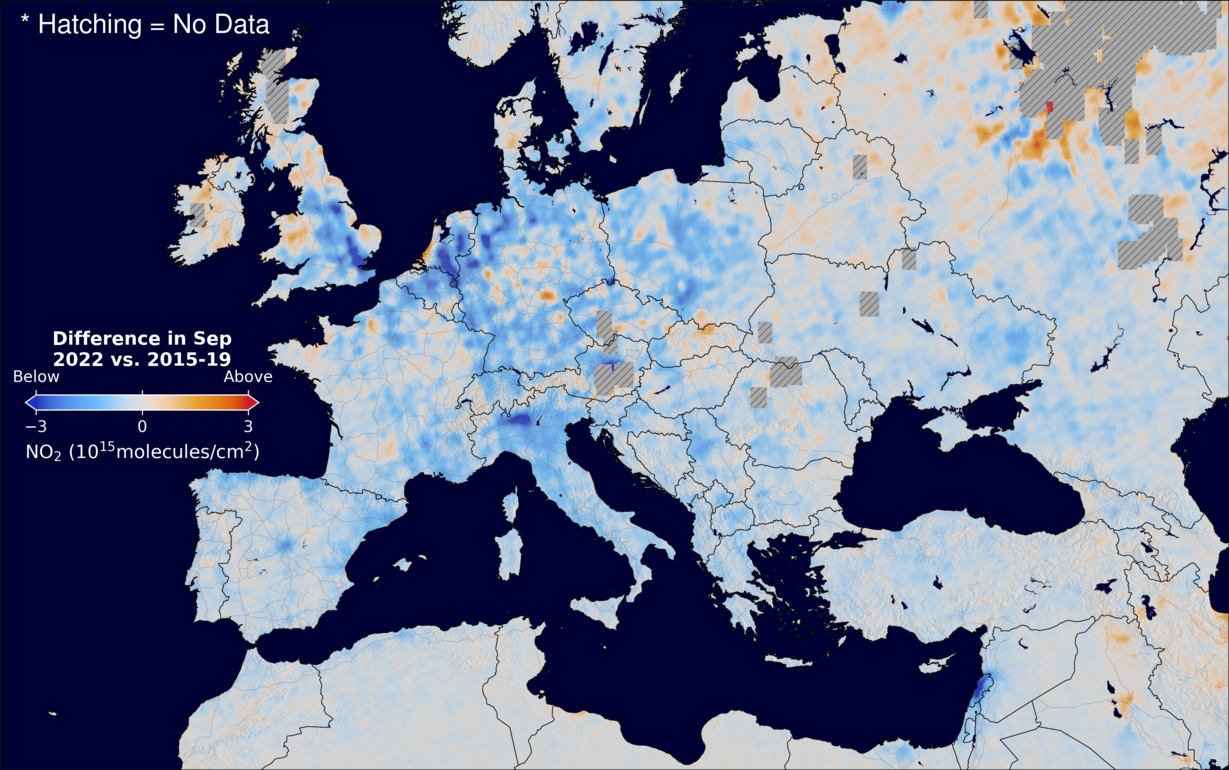 The average minus the baseline nitrogen dioxide image over Europe for September 2022.
