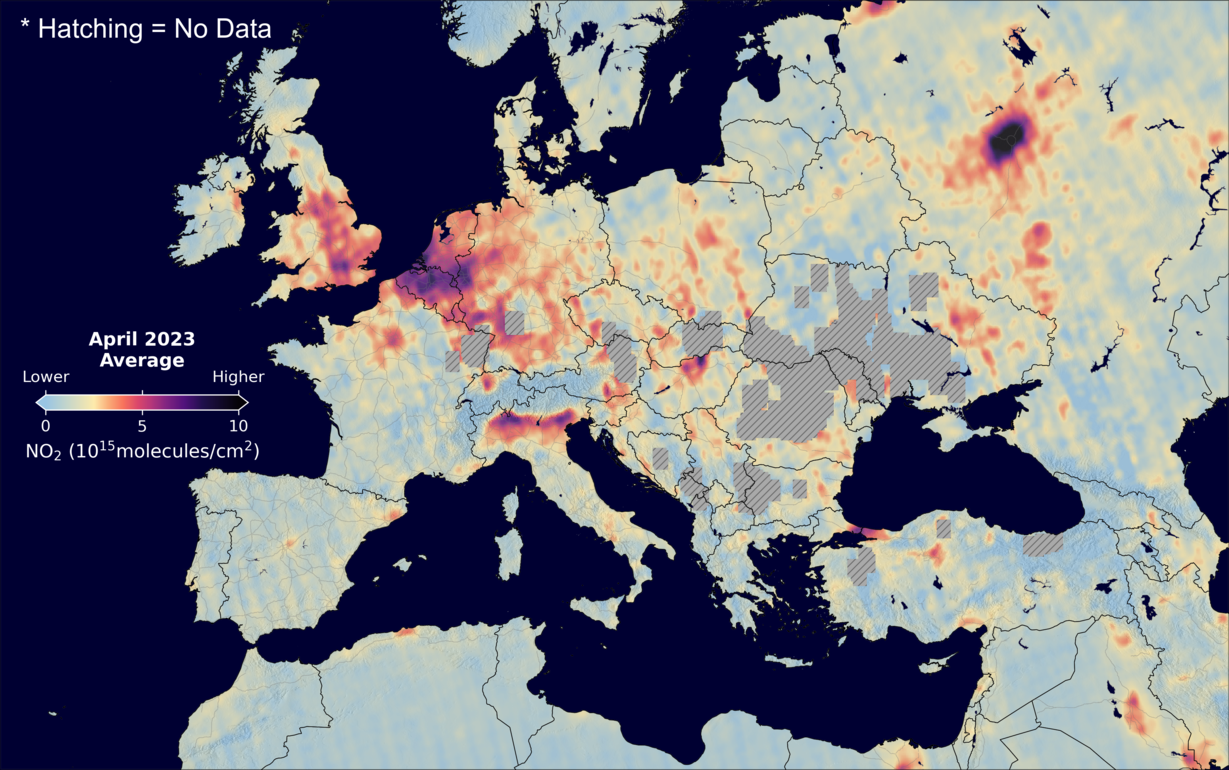 An average nitrogen dioxide image over Europe for April 2023.