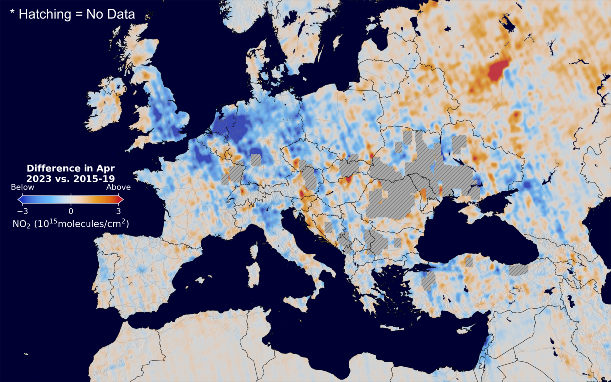 The average minus the baseline nitrogen dioxide image over Europe for April 2023.