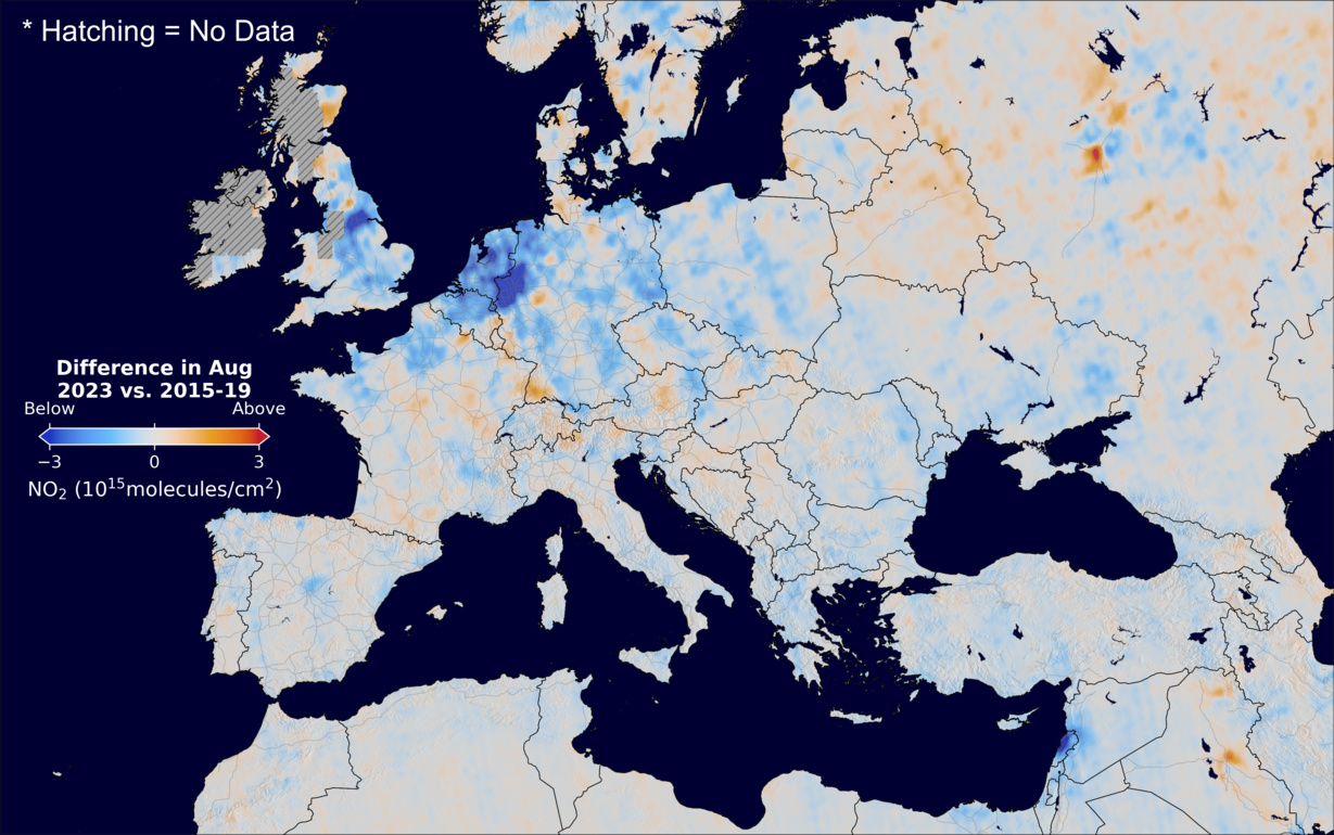 The average minus the baseline nitrogen dioxide image over Europe for August 2023.