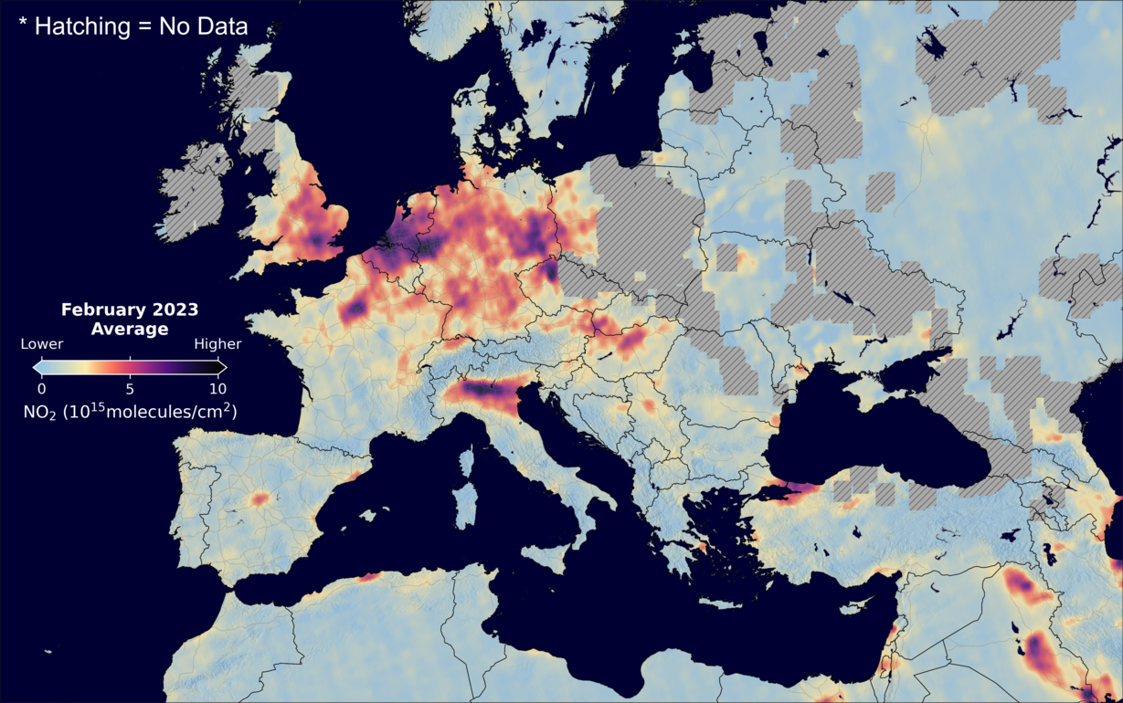 An average nitrogen dioxide image over Europe for February 2023.