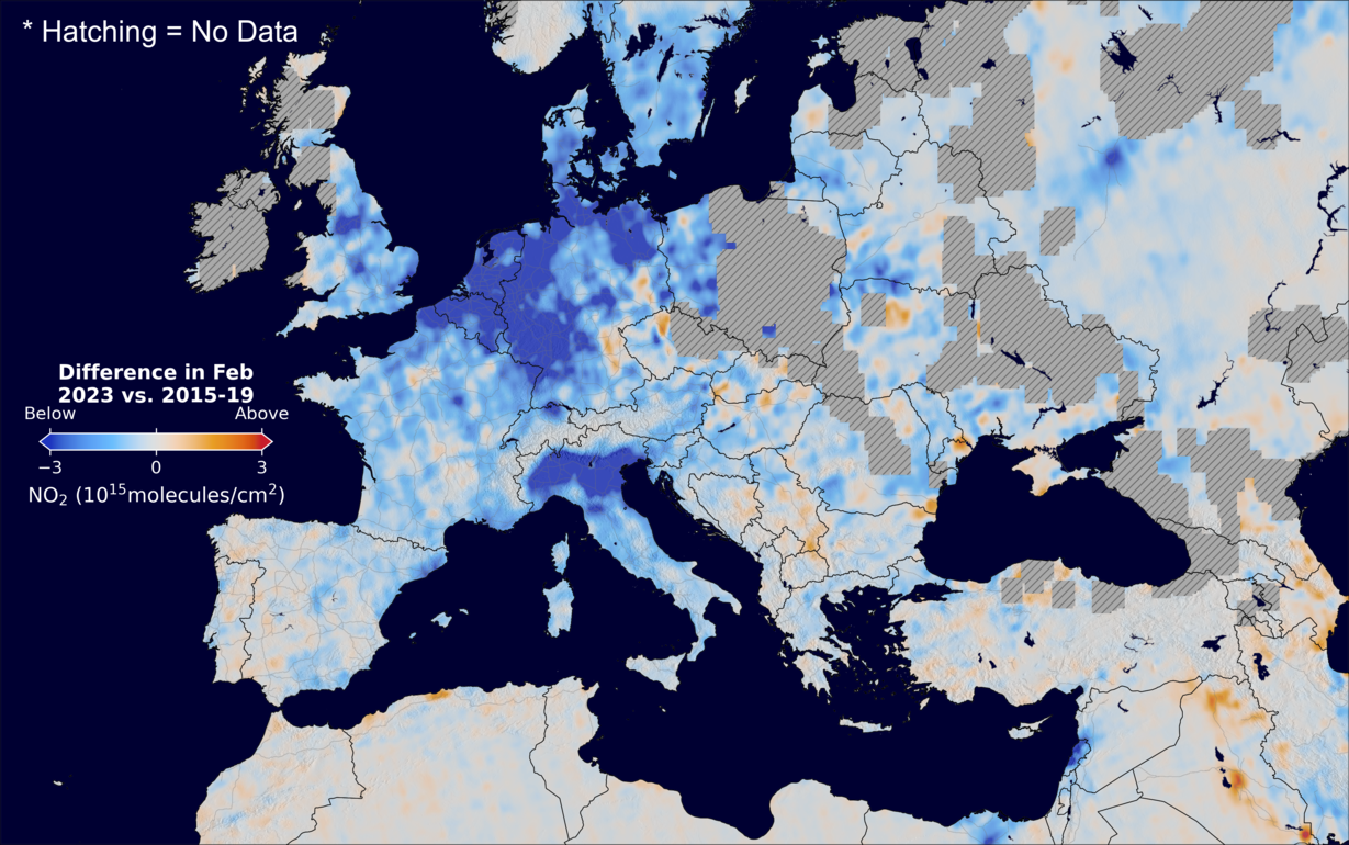 The average minus the baseline nitrogen dioxide image over Europe for February 2023.