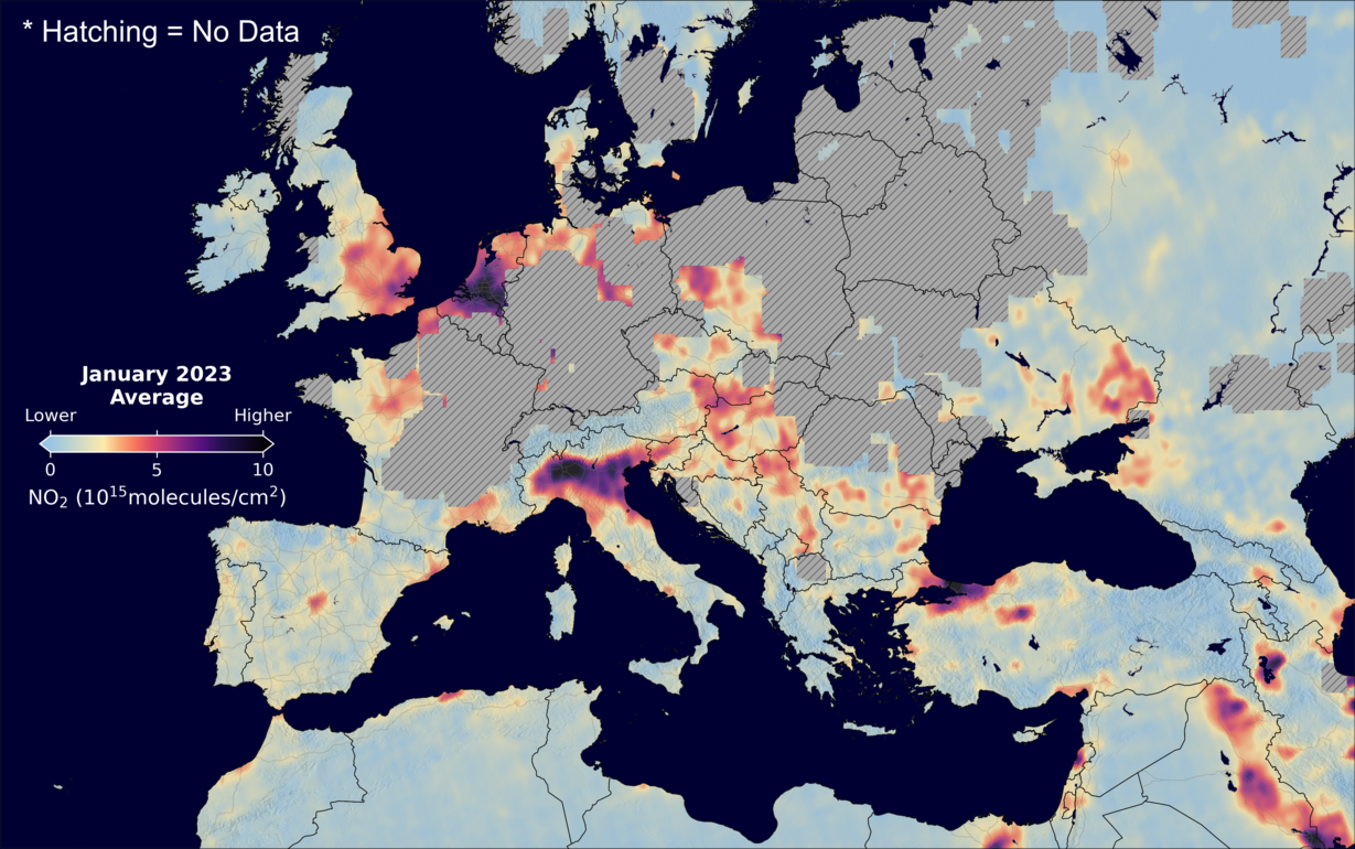 An average nitrogen dioxide image over Europe for January 2023.