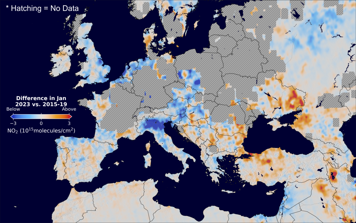 The average minus the baseline nitrogen dioxide image over Europe for January 2023.