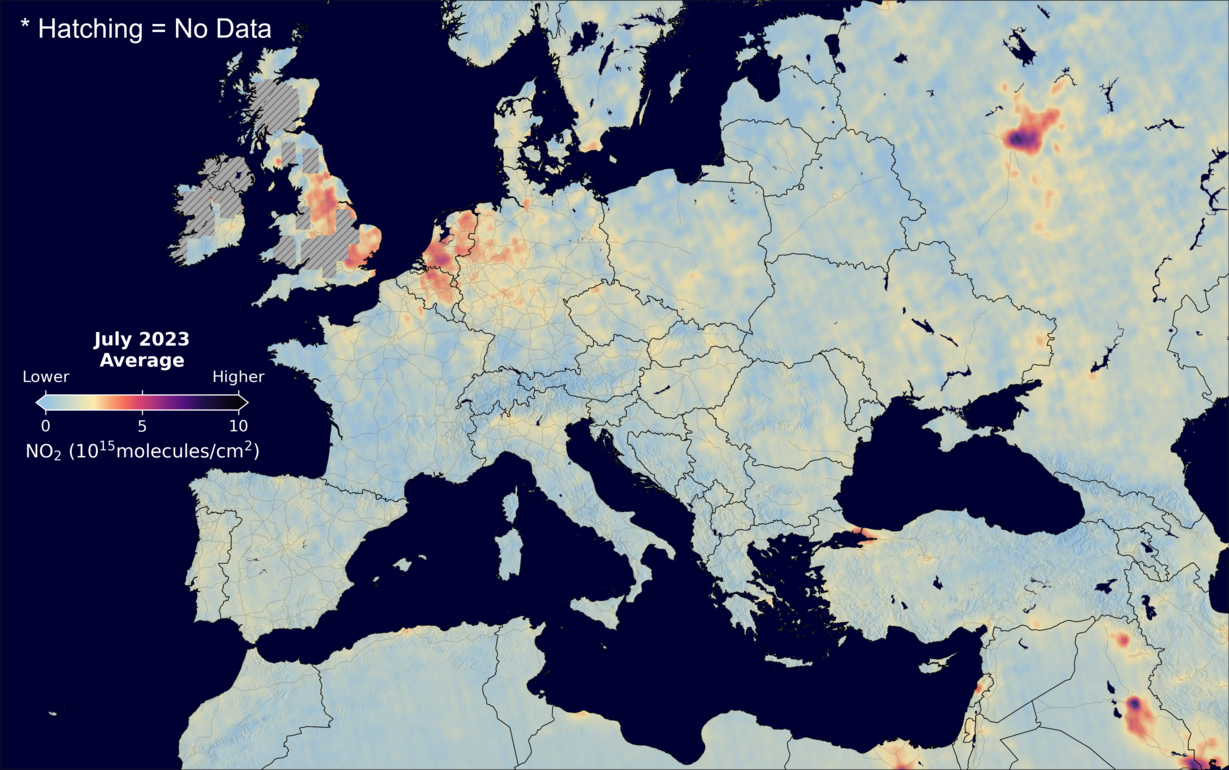 An average nitrogen dioxide image over Europe for July 2023.