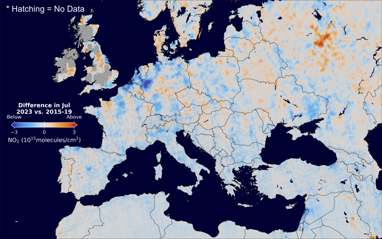 The average minus the baseline nitrogen dioxide image over Europe for July 2023.