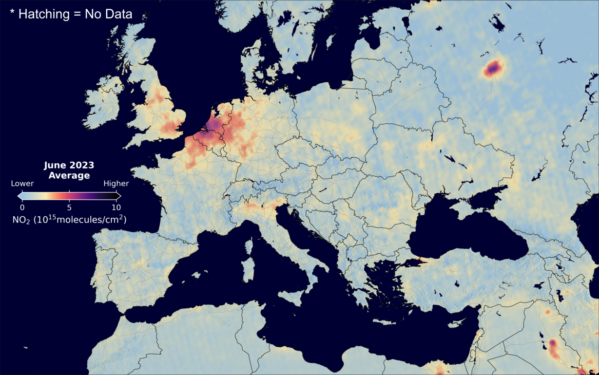 An average nitrogen dioxide image over Europe for June 2023.