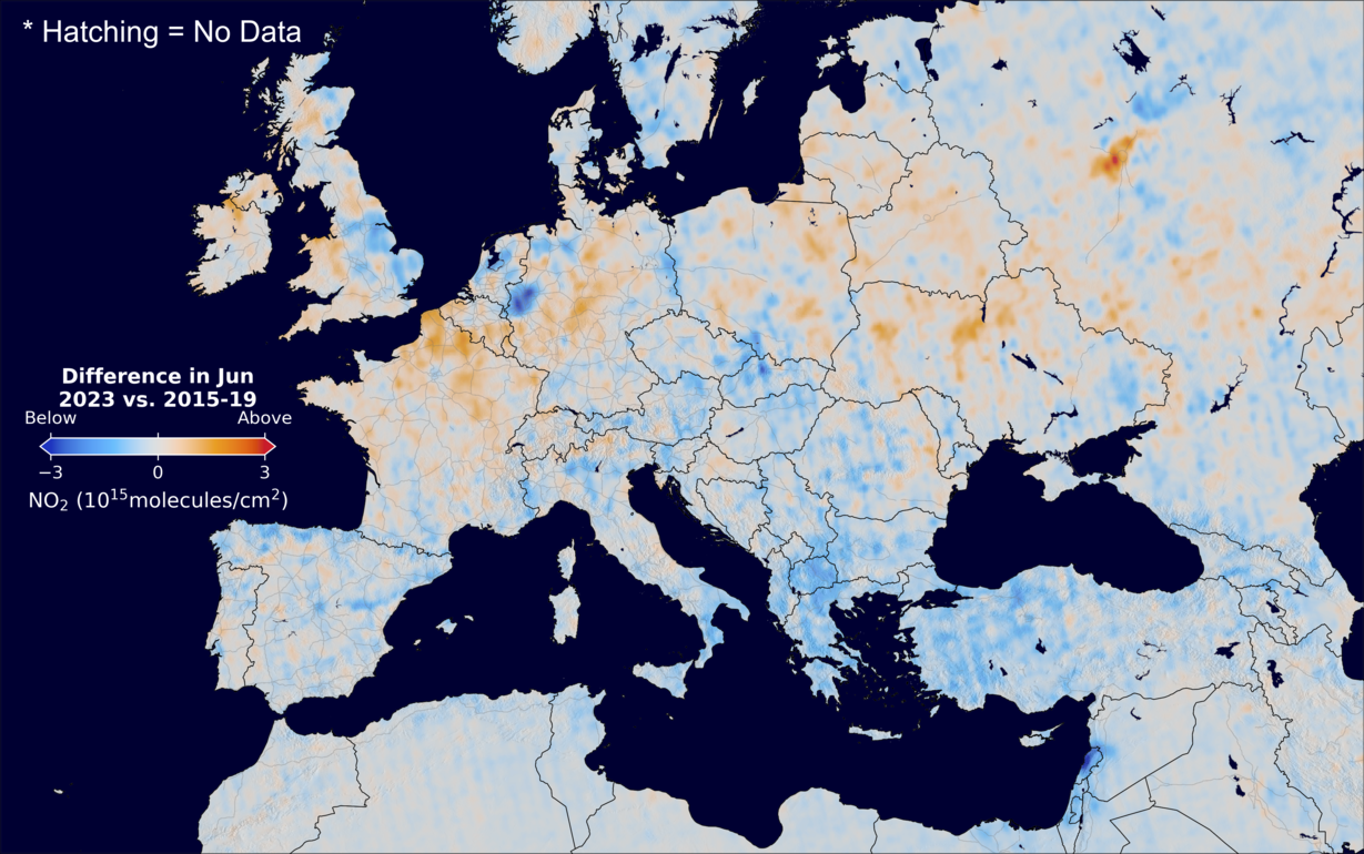 The average minus the baseline nitrogen dioxide image over Europe for June 2023.