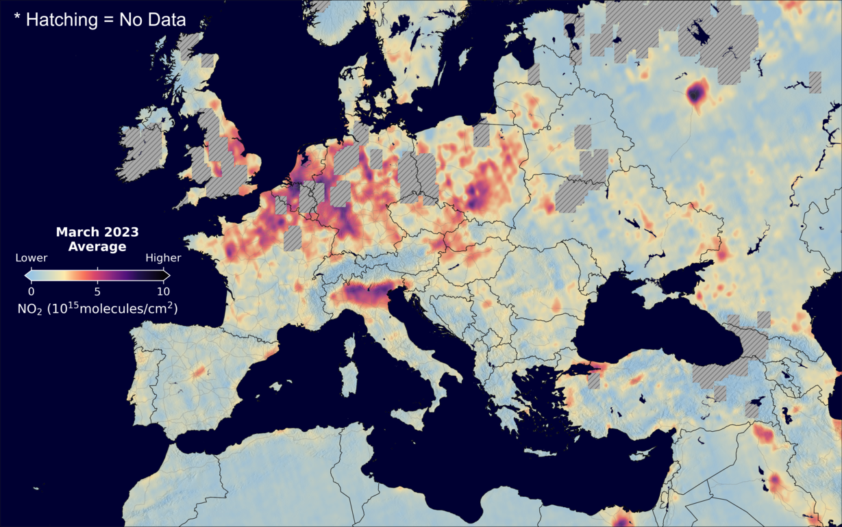 An average nitrogen dioxide image over Europe for March 2023.