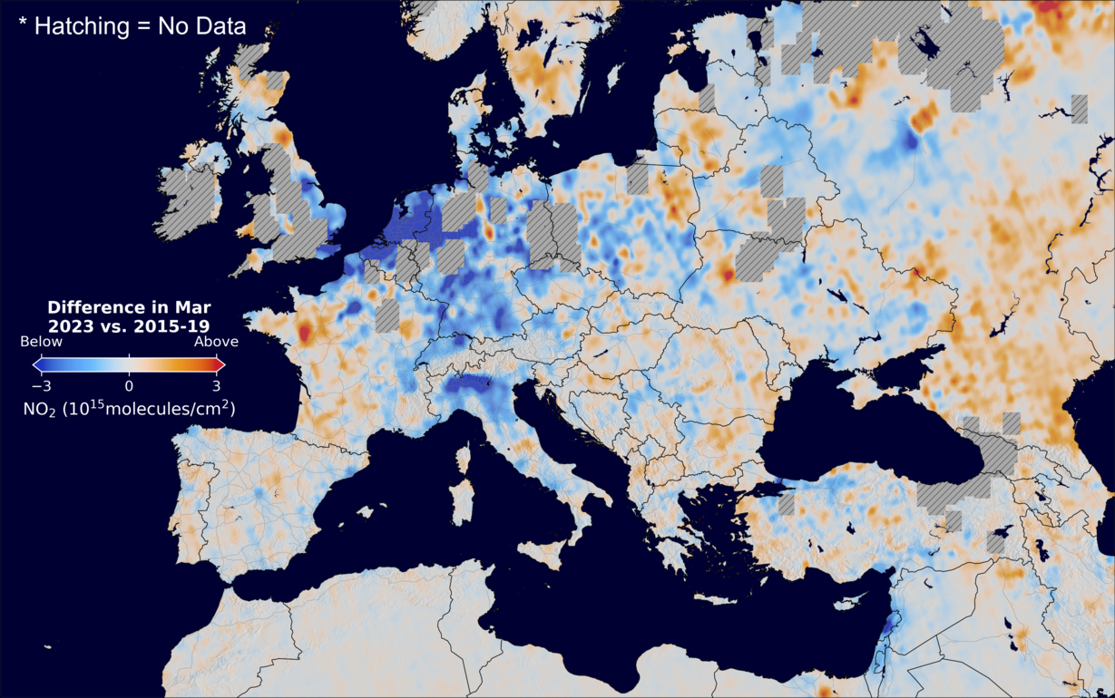 The average minus the baseline nitrogen dioxide image over Europe for March 2023.