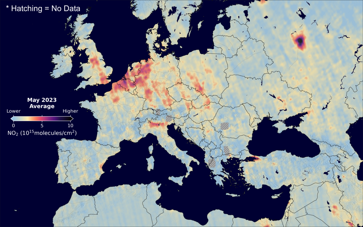 An average nitrogen dioxide image over Europe for May 2023.