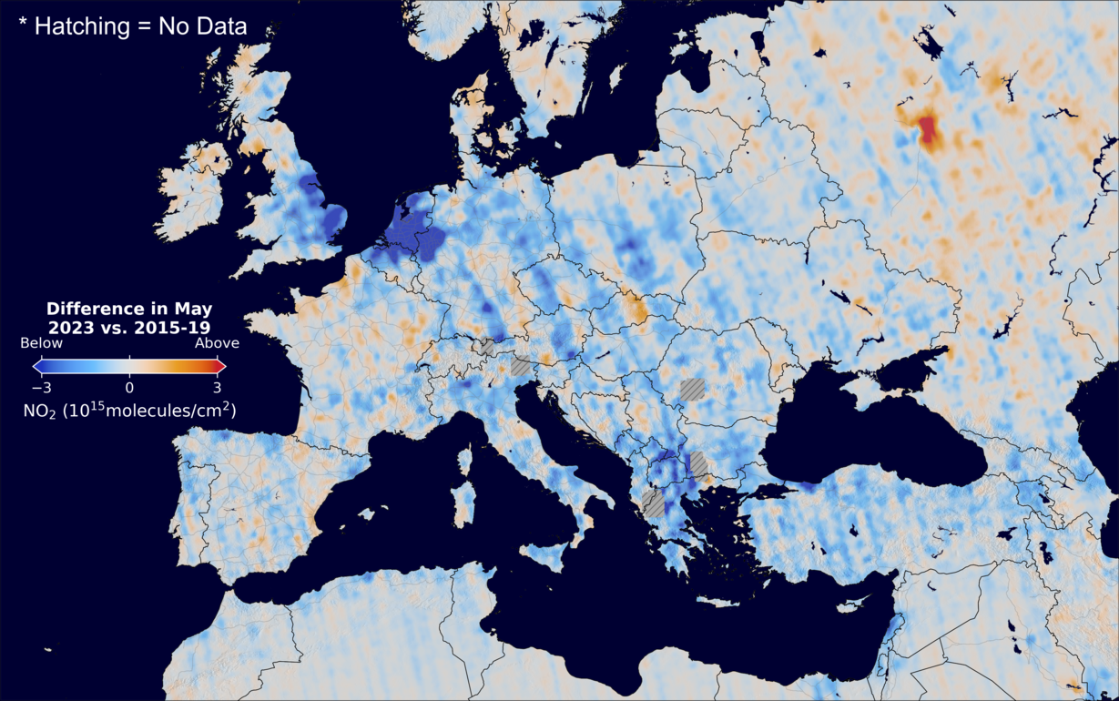 The average minus the baseline nitrogen dioxide image over Europe for May 2023.