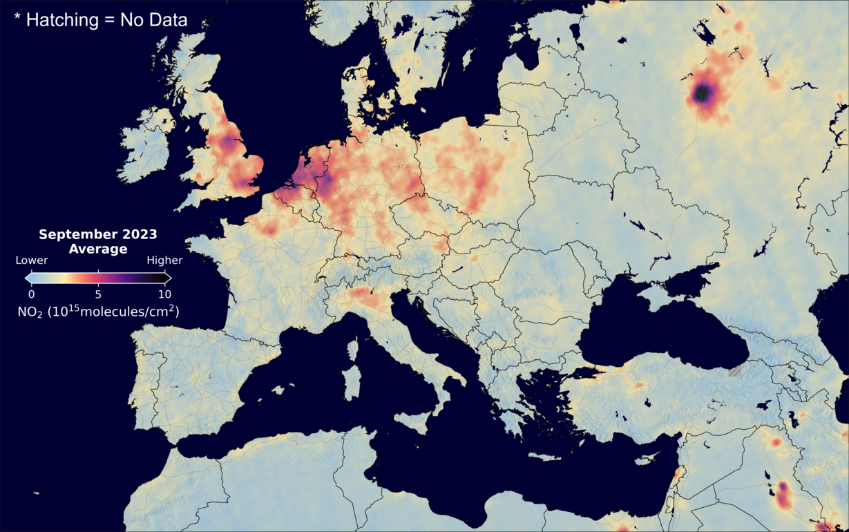 An average nitrogen dioxide image over Europe for September 2023.