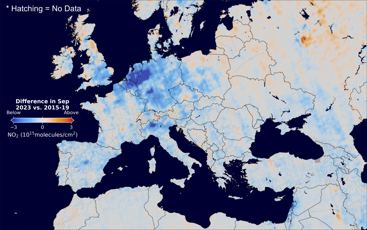 The average minus the baseline nitrogen dioxide image over Europe for September 2023.