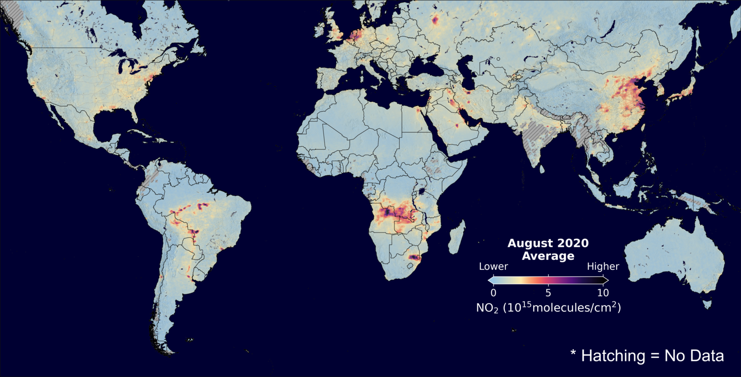 An average nitrogen dioxide image over Global for August 2020.