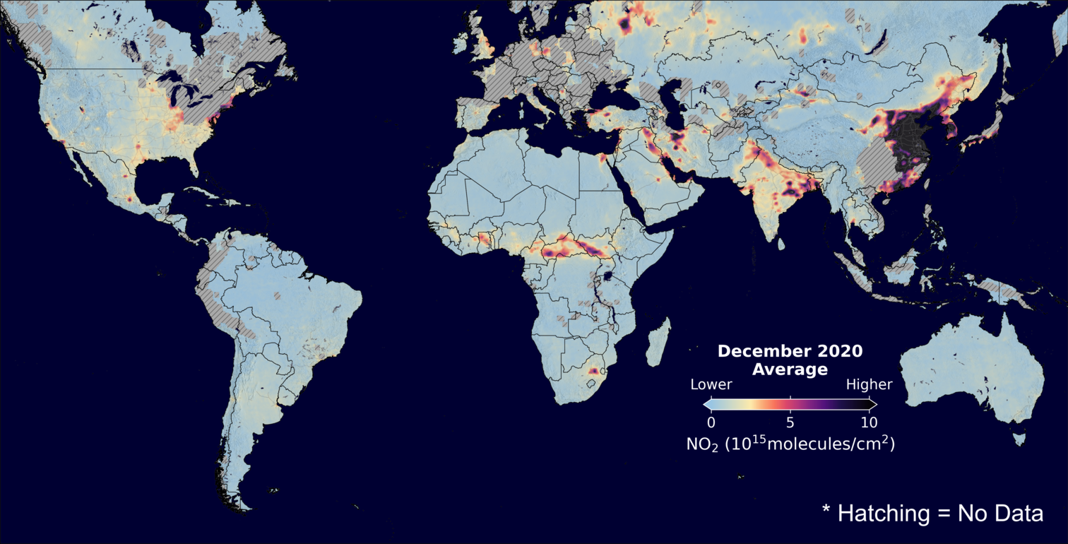 An average nitrogen dioxide image over Global for December 2020.